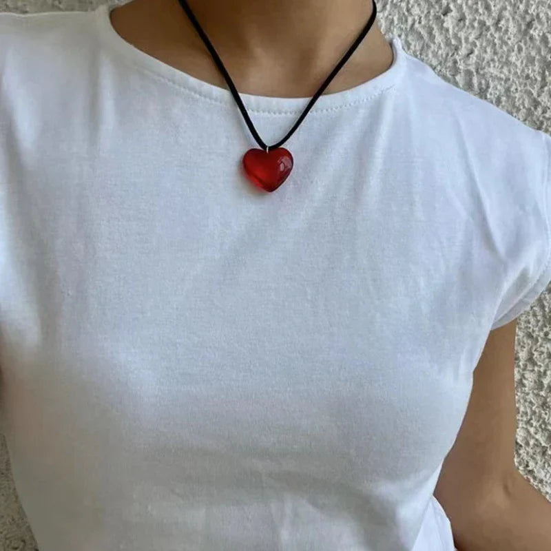 sengpan Solid Color Glass Heart Pendant Necklace Punk Grunge Style Velvet Choker for Girls