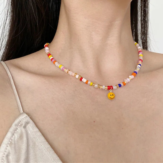 Lianfudai New Korea Summer Lovely Colorful Flowers Daisy Transparent Crystal Beading Strand Short Choker Necklace for Women