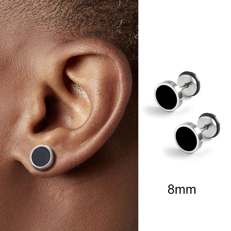 sengpan Men's Earings Titanium Steel Round Black Oil Drip Stud Earrings For Men Korean Fashion Stainless Steel Punk Jewelry Accessories