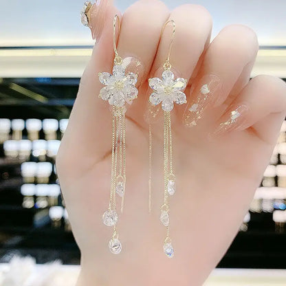 sengpan Luxury Crystal Flower Tassel Drop Earrings for Women Shiny Zircon Opal Long Dangle Earrings Girls Party Wedding Jewelry Gift