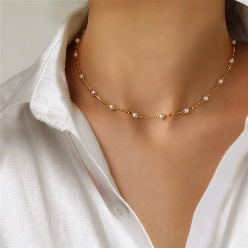 Lianfudai New Beads Women's Neck Chain Kpop Pearl Choker Necklace Gold Color Goth Chocker Jewelry On The Neck Pendant 2024 Collar For Girl