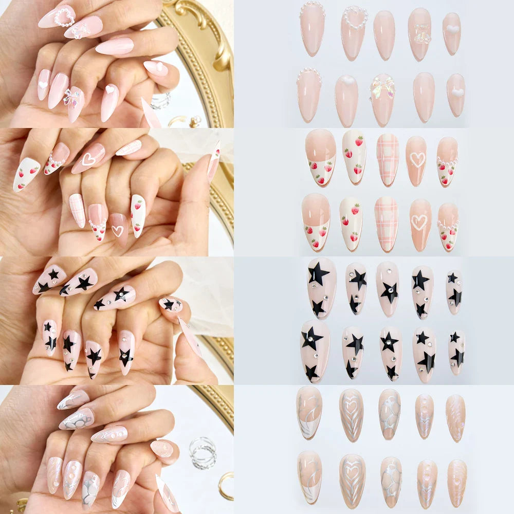 sengpan 96PCS Glossy Medium Almond Press On Nails Reflective Glitter Cat Eye Fake Nails Sparkling Full Cover False Nails For Women Girls