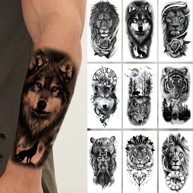 sengpan Black Forest Animal Temporary Tattoos for Men Wolf Tattoo Stickers Tiger Skull Skeleton Fake Tattoo for Women Arm Sleave