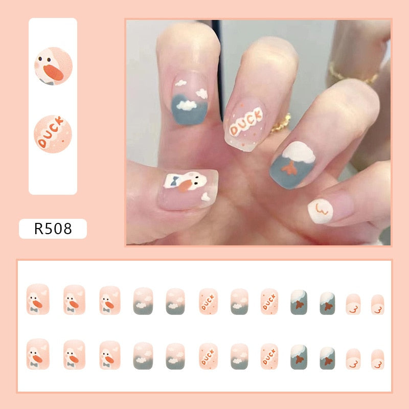 sengpan 24P Cute Childlike Rainbow Nail Art Full Cover Artificial Fake Nails Wearing Reusable False Nails Ballerina Press on Nail Art