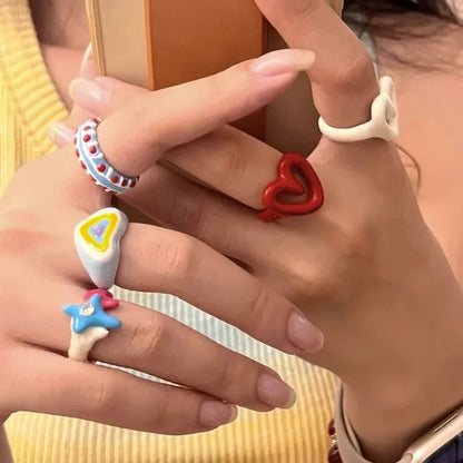 Lianfudai Y2K Colorful Enamel Heart Sweet Rings Trendy Geometric Dripping Oil for Women Girls Funny Y2K Chunky Jewelry Summer NEW