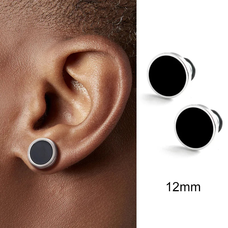 sengpan Men's Earings Titanium Steel Round Black Oil Drip Stud Earrings For Men Korean Fashion Stainless Steel Punk Jewelry Accessories