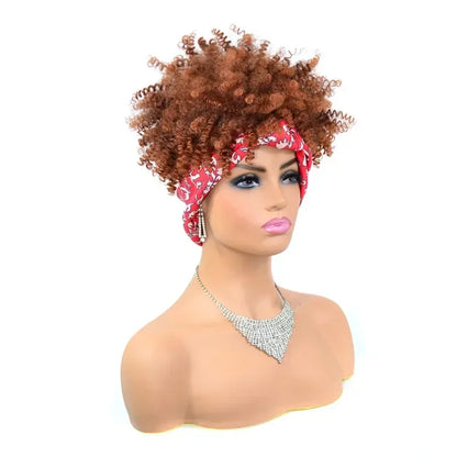 sengpan Short Kinky Curly Headband Wigs  Afro Puff Curly Headband Wig For Women Natural Synthetic Turban Wrap Wig  Cosplay Daily Use