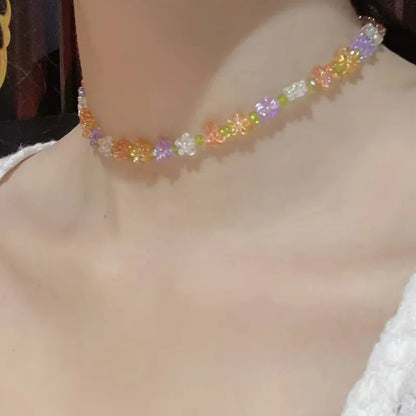 Lianfudai New Korea Summer Lovely Colorful Flowers Daisy Transparent Crystal Beading Strand Short Choker Necklace for Women