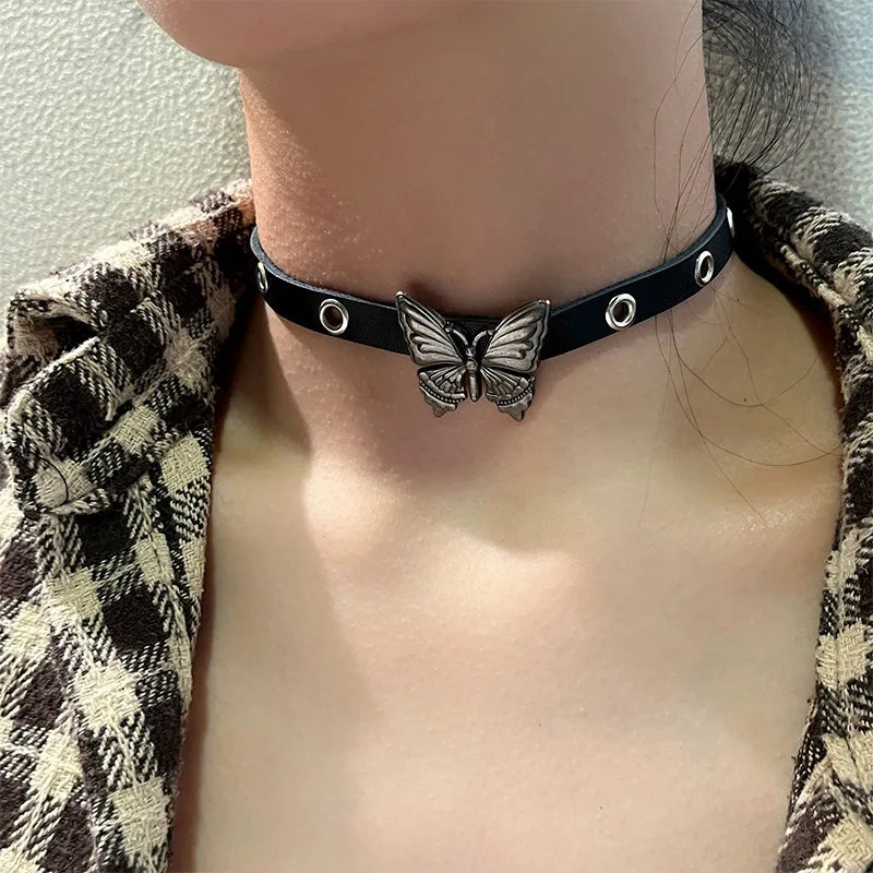 Lianfudai New Dark Punk Butterfly Leather Choker For Women Retro Leather Multi-Layer Rock Neck Chain Necklace Cool Girls Accessories