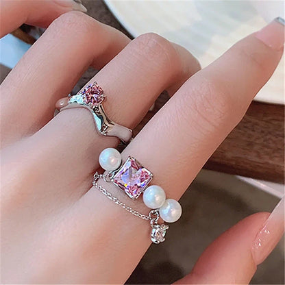 sengpan Korean Colorful Stone Rings for Women Girls Trendy Metal Chain Geometric Square Round Rings y2k Jewelry Gifts