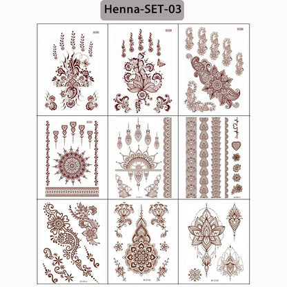 sengpan 9Pcs Brown Henna Temporary Tattoos for Women Henna Tattoo Sticker for Hand Body Art Moroccan Mehndi Design Tattoo Fake Hena