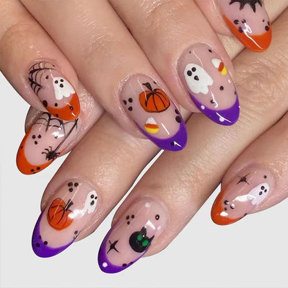 sengpan 24pcs Cute Ghost&Pumpkin Halloween Press-On Nails-Glossy Short Square Fake Nails with Festive Designs False Nail for Women/Girls