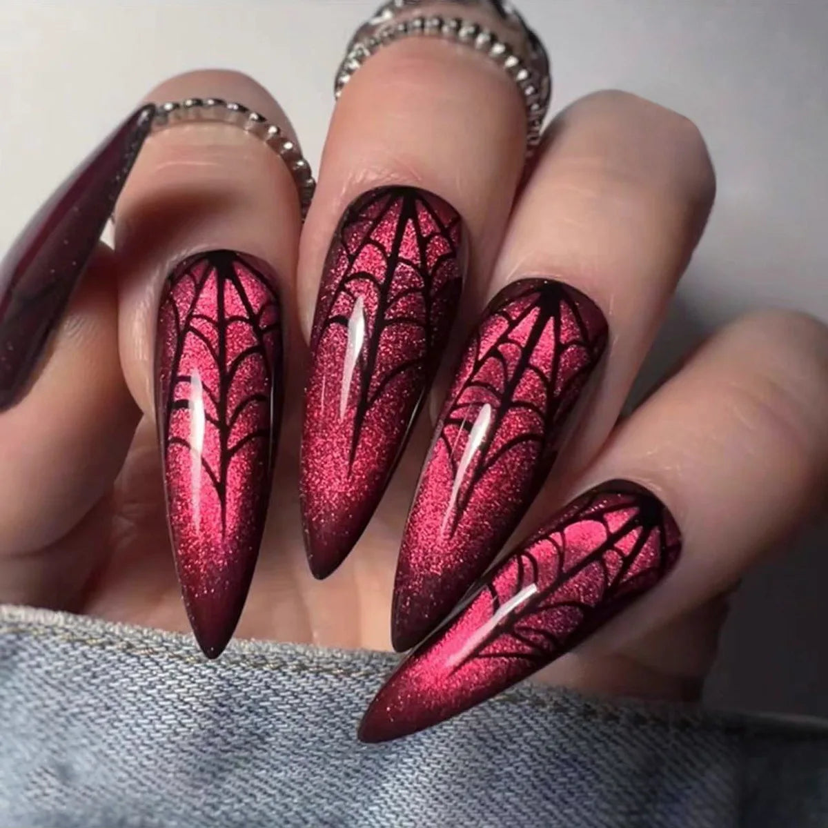 sengpan 24Pcs Halloween False Nails Glitter Red Fake Nail with Spider Web Design Long Almond Press on Nails Wearable Full Cover Nail Tip