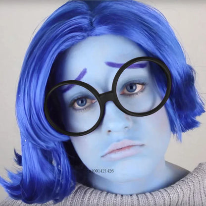 sengpan Synthetic Hair Short Sadness Wig Cosplay Straight Blue Wig for Kid with Glasses Inside Out Costume Halloween Fake Wigs for Women