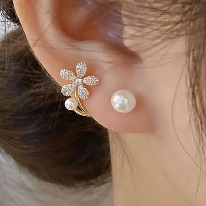 sengpan Korean Vintage Pearl Crystal Earrings For Women Jewelry High-class Luxury Zircon Flower Butterfly Leaf Women's Stud Earrings