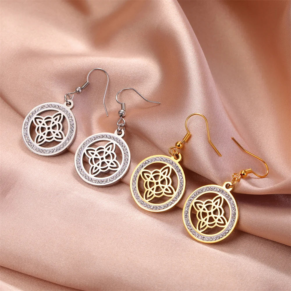 sengpan  Crystal Witch Knot Earrings for Women Stainless Steel Celtic Knot Rhinestone Drop Earrings Vintage Amulet Jewelry Gifts