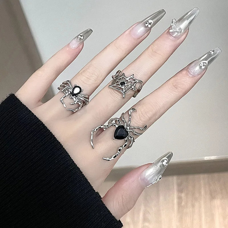 sengpan  Gothic Punk Irregular Spider Webs Zircon Opening Ring Women Black Crystal Dark Animal Rings Hip Hop Fashion Party Finger Jewelry