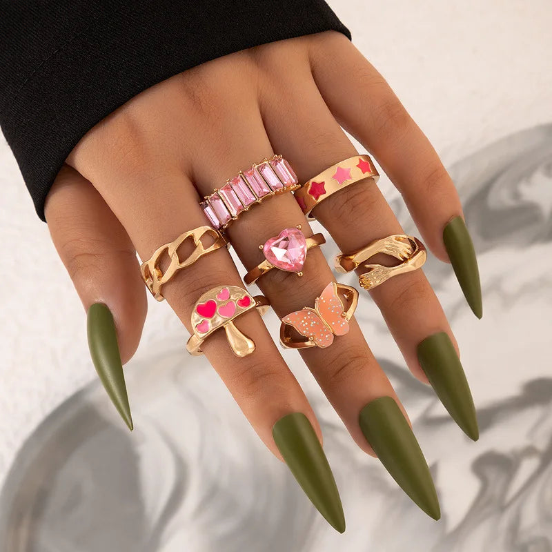 sengpan Colorful Crystal Snake Shape Ring Set For Women Fashion Butterfly Heart Gold Color Geometric Rings Female Wedding Finger Jewelry