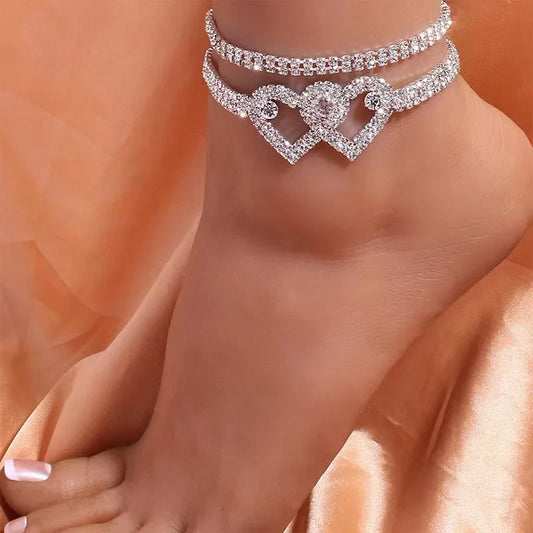 sengpan Fashion Rhinestone Double Heart Anklets for Women Silver Color Bling Hollow Out Love Foot Ankle Leg Bracelet Chain Ins Jewelry