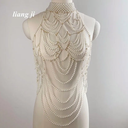 sengpan Pearl Body Chain Jewelry totally hand-made Bra fringed For Women Bridal Wedding Dress Beach Nightclub Pearl Waist chain