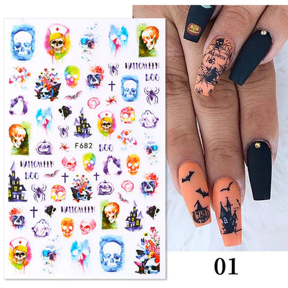 sengpan 3D Skull Pumpkin Head Bat Nail Stickers Nail Supplies Nail Sliders Halloween Stickers Nail Decorations Nail Decals