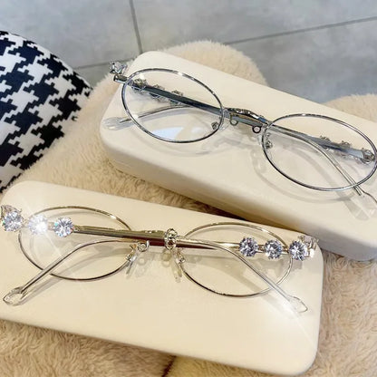 sengpan Women's Punk Retro Silver Anti Blue Light Eyewear Rhinestone Stainless Steel Oval Frame Glasses Girl Reading Seaside Spectacles