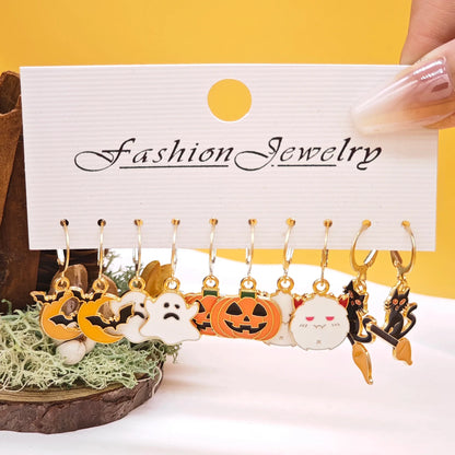 sengpan 10pcs Halloween Art series earrings with horror alloy oil drop pumpkin bat spider web ghost earrings set for women