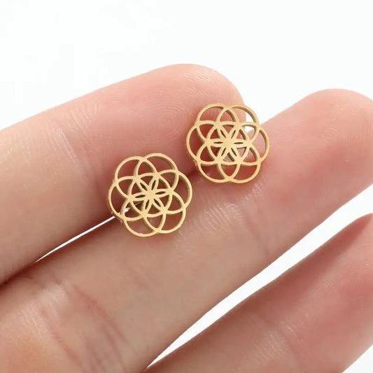 sengpan Tiny Circle Earrings Stainless Steel Flower Seed of Life Stud Earrings for Women Geometry Round Hollow Wedding Jewelry