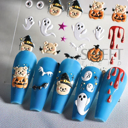 sengpan 5D Halloween Ghost Pumpkin Embossed Nail Stickers Decals Spider Web Clown Bone Nail Art Gel Sliders Design Manicure Decorations