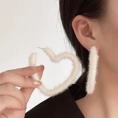 sengpan Winter Plush Heart Earrings for Women Exaggerate Flocking Hoop Earrings Large Love Pendants Wedding Earrings Party Jewelry Gift