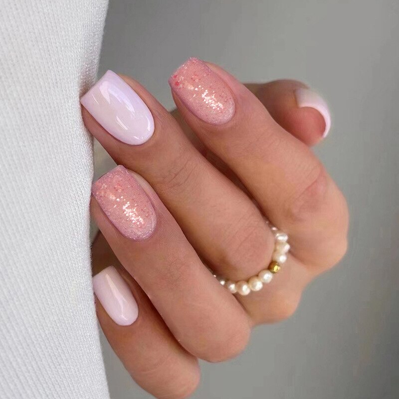 Lianfudai current nail trends 2023  24Pcs Short Square Fake Nails with Aurora Sequins Design Wearable Ballet False Nail Tips Reusable Finished Press on Nails