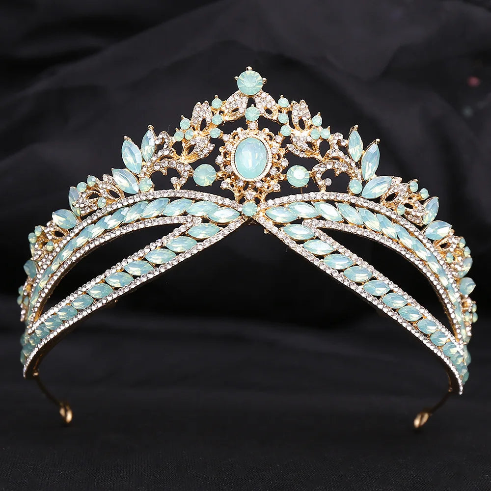 sengpan Luxury Green Opal Crystal Flower Water Drop Tiara Crown Women Wedding Party Elegant Bridal Bride Crown Hair Accessories