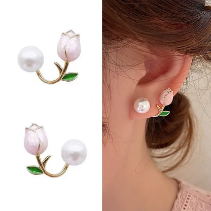 sengpan Sweet Fashion Enamel Pearl Tulip Flower Stud Earrings For Women Korean Temperament Zircon Back Hanging Earring Wedding Jewelry