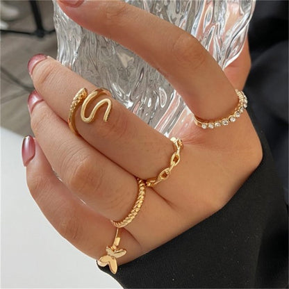 sengpan Bohemian Gold Color Butterfly Rings Set For Women Fashion Shiny Crystal Geometric Flower Knuckle Finger Ring Jewelry Adjustable