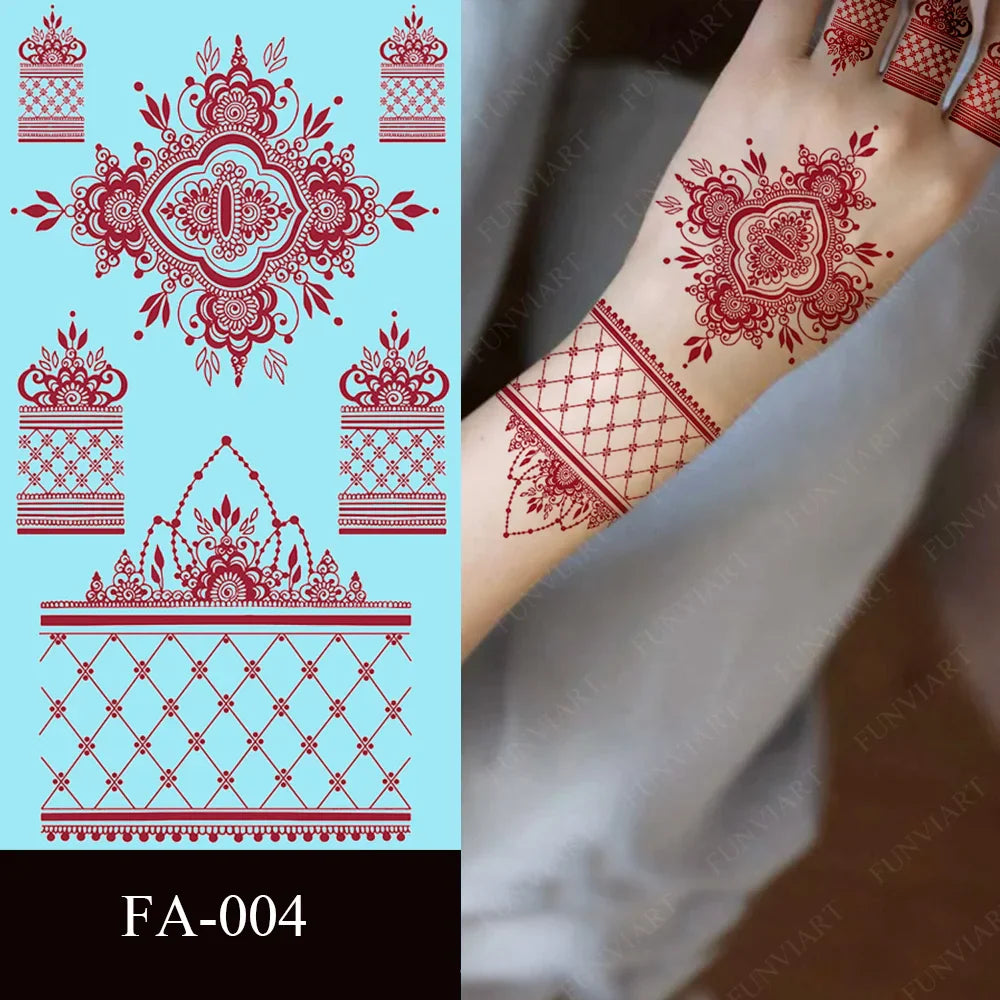 sengpan Maroon Henna Tattoo Sticker Waterproof Temporary Tattoos for Hand Arm Fake Tattoo for Women Wedding Festival Mehndi Stickers