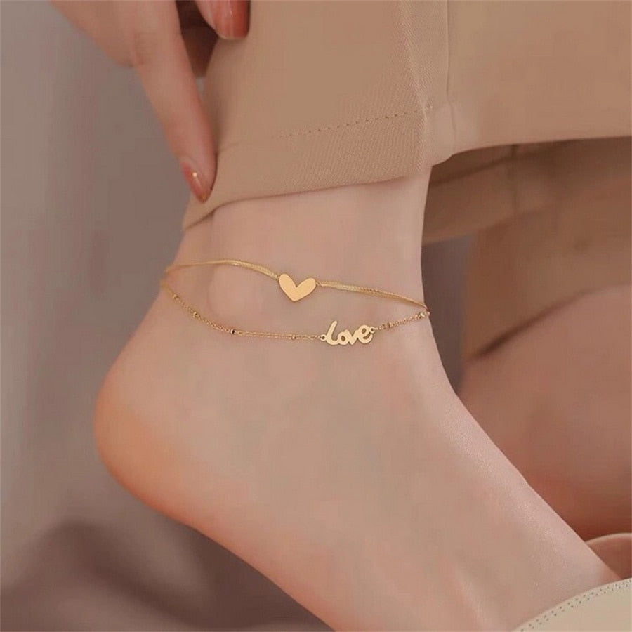 sengpan Simple Heart Boho Anklet Bracelets For Women Summer Holiday Beach Chain Bead Ankle Bracelet On Leg Foot Wedding Party Jewelry