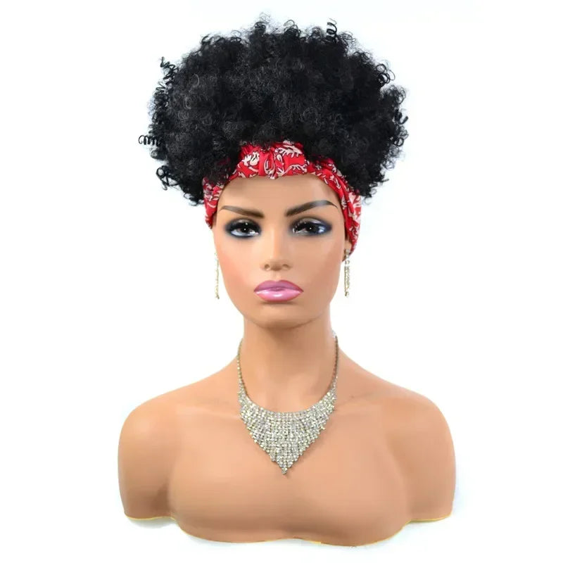 sengpan Short Kinky Curly Headband Wigs  Afro Puff Curly Headband Wig For Women Natural Synthetic Turban Wrap Wig  Cosplay Daily Use