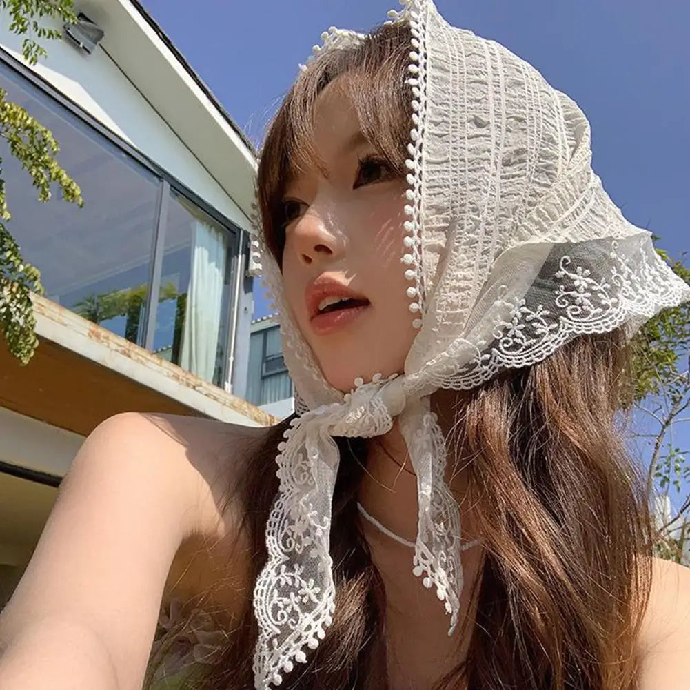 sengpan Summer Lace Triangle Headscarf Woman Headwear Korean Square Scarf Headband Hair Accessories Sweet Turban Cap Girl Court Bonnet