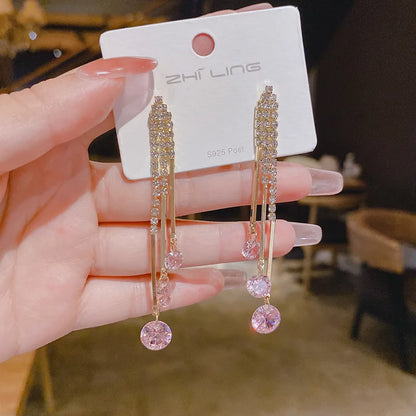 Lianfudai New Gold Color Simple Fashion Zircon Pendant Eardrop Design Long Tassels Delicate Earrings For Woman Wedding Jewelry Gifts