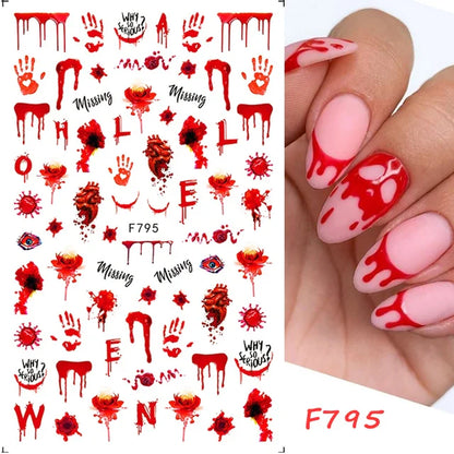 sengpan 3D Halloween Nail Art Stickers Horror Ghost Skull Evil Eye Anime Decals Bloody Rose Sticker for Nail Manicure Decoration LEBF956