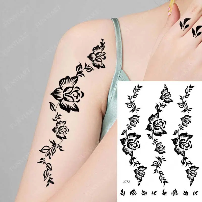 sengpan Black Henna Tattoo Sticker Waterproof Temporary Tattoos for Women Body Art Mehndi Stickers for Hand Flower Fake Tattoo