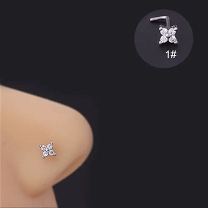 Lianfudai New Fashion Unisex Zircon Punk Style Nose Nail Titanium Steel L Shaped Nose Studs Piercing Jewelry