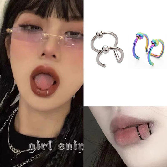 sengpan 1pcs Women Lips Rings Medical Titanium Steel Fake Nose Ring Septum Piercing Clip on Mouth Ring Fake Piercing Body Clip Hoop