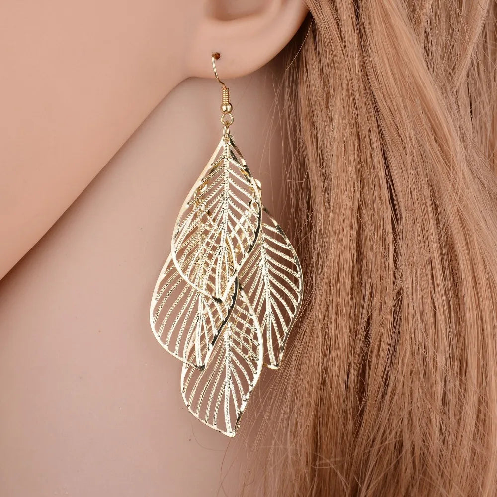 sengpan Dangle Earrings for Women Handmade Boho Super Lightweight Boho Hollow Filigree Long Leaf Earring Gold Silver Plated