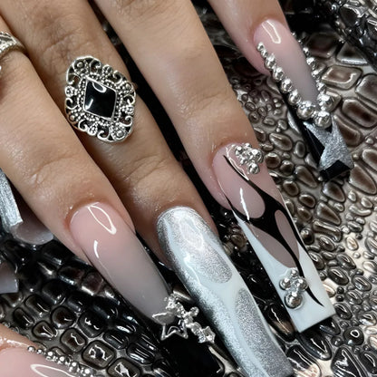 sengpan Punk Cool Fake Nails Y2k Sliver Star Crystal Crocodile Pattern Press on Nails Long Coffin Heavy Metal French False Nails