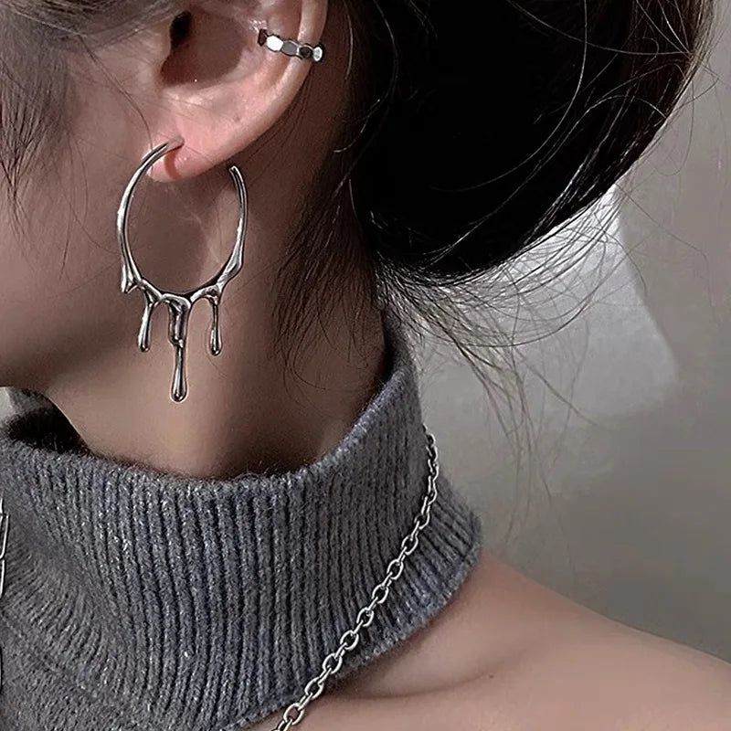 sengpan Punk Gothic Silver Color Lava Drop Shape Irregular Big Hoop Earrings for Women Fashion Korean Liquid Metal Jewelry