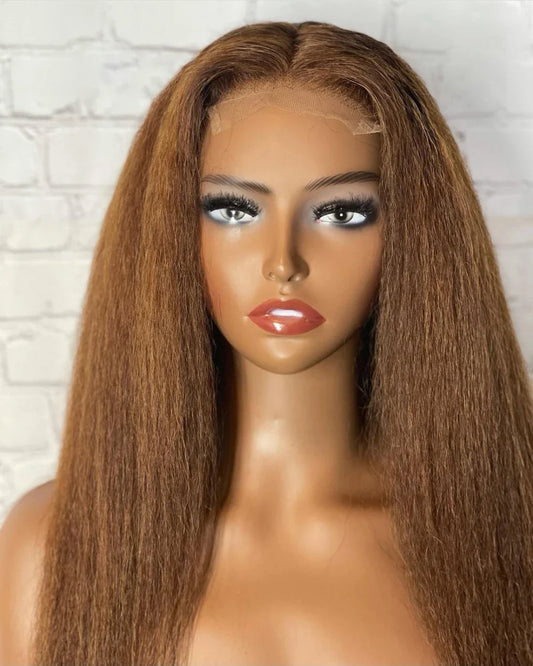 sengpan Brown Glueless 180%Density Synthetic 26Inch Long Kinky Straight Lace Front Wig For Black Women Babyhair Preplucked Daily