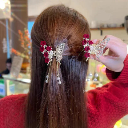 Lianfudai Exquisite Rhinestone Butterfly Fringe Hair Claw Clips Korean New Ponytail Braid Pearl Hairpin Girl Crab Metal Headdress Gift