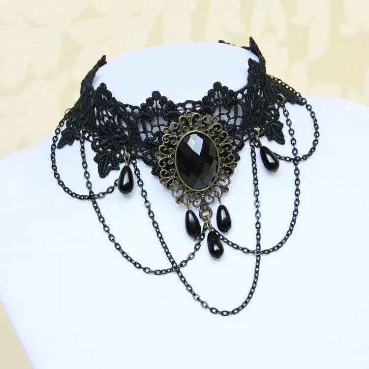 sengpan  Fashion Gothic Victorian Crystal Tassel Tattoo Choker Necklace Black Lace Collar Vintage Women Wedding Jewelry