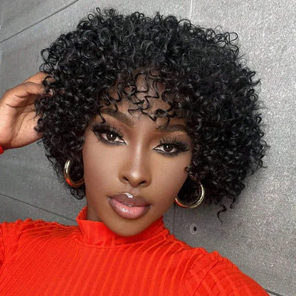 sengpan Short Curly Human Hair Wig With Bangs Wear and Go None Lace Front Human Hair Wigs for Black Women 180% Density Kinky Curly Wigs